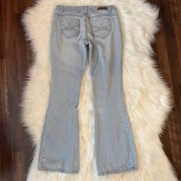 Vtg Mudd Jeans Size 7 Super Low Rise Flare Light Wash Denim Y2K Decorati… - Picture 3 of 9